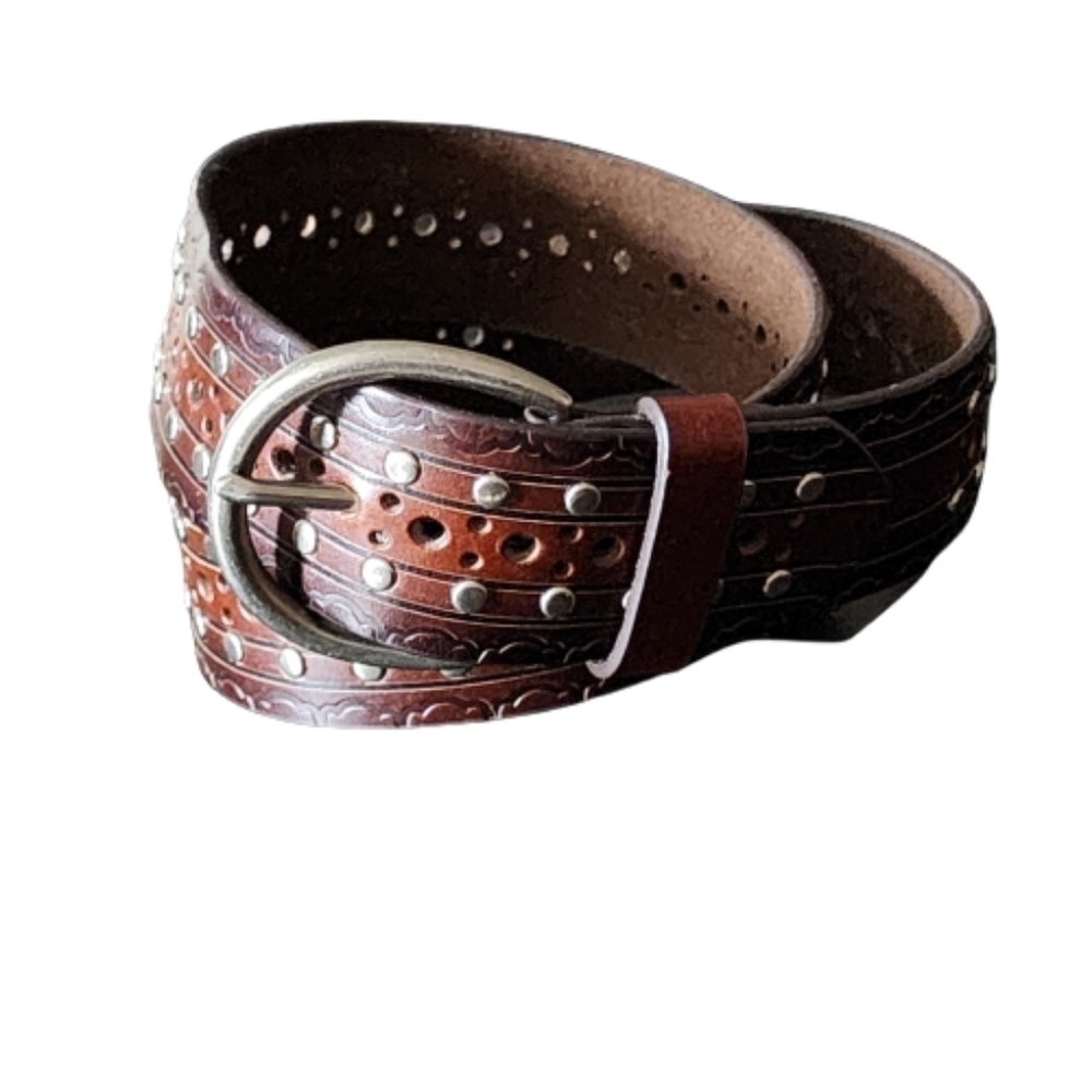 Absolutely fresh wide leather studded statement belt color brown